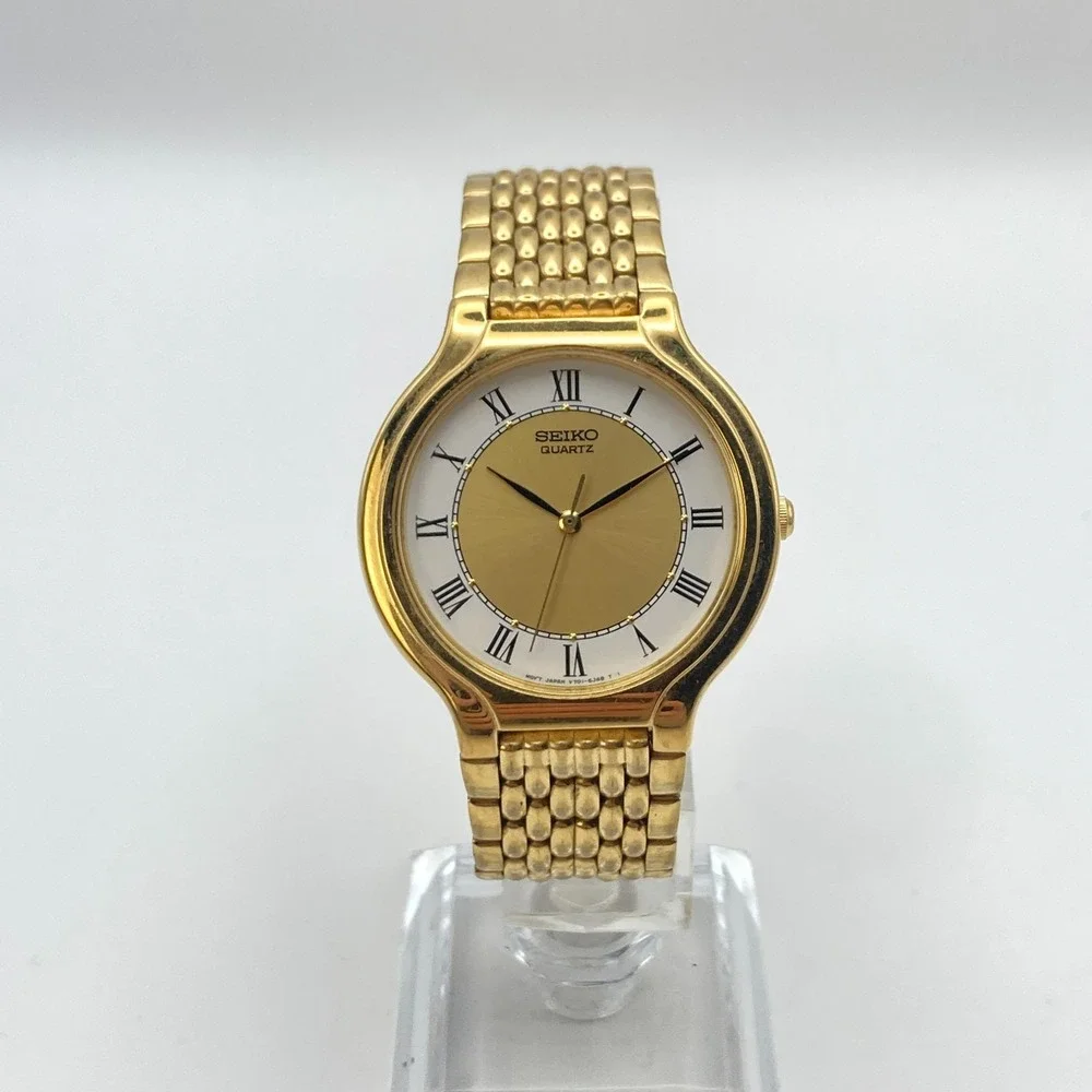Vintage Seiko Men's Watch 34mm Gold Tone V701-6K69 New Battery SMALL 6.75